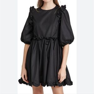 En Saison Scallop Poplin Puff Sleeve Mini Black Dress Large Bow Back